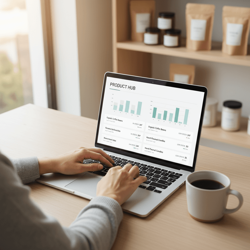 Small business owner's hands typing on laptop displaying product inventory dashboard in bright home office with natural light.